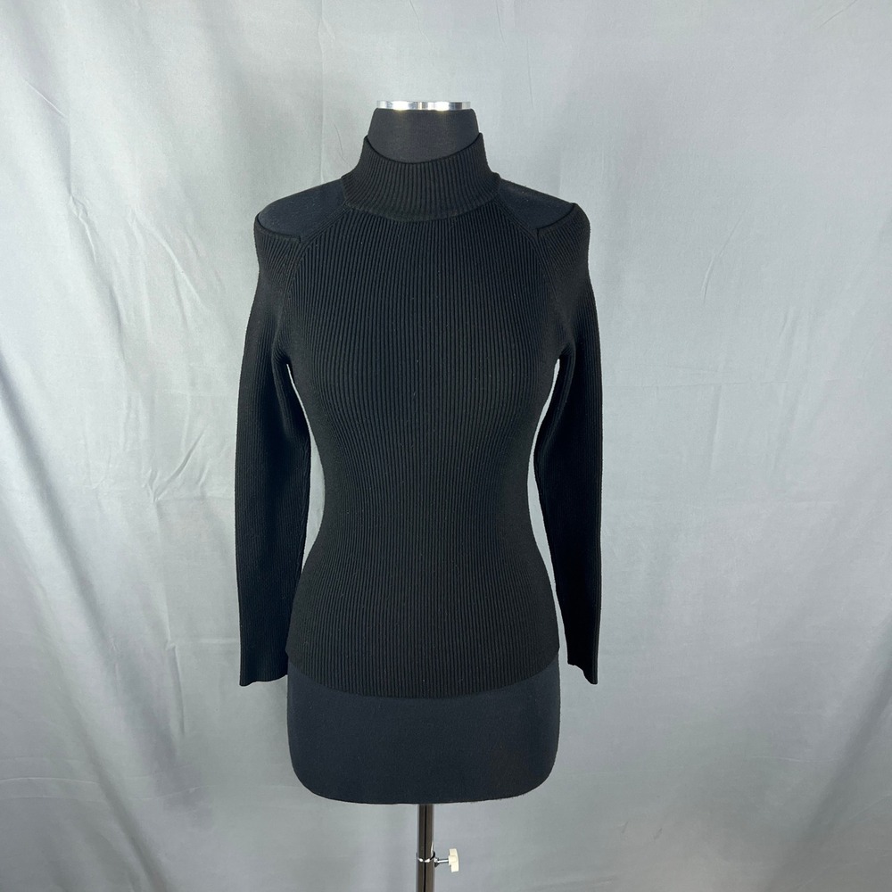 Carmen Marc Valvo Cold Shoulder Sweater Womens M Black Ribbed Knit Turtle Neck